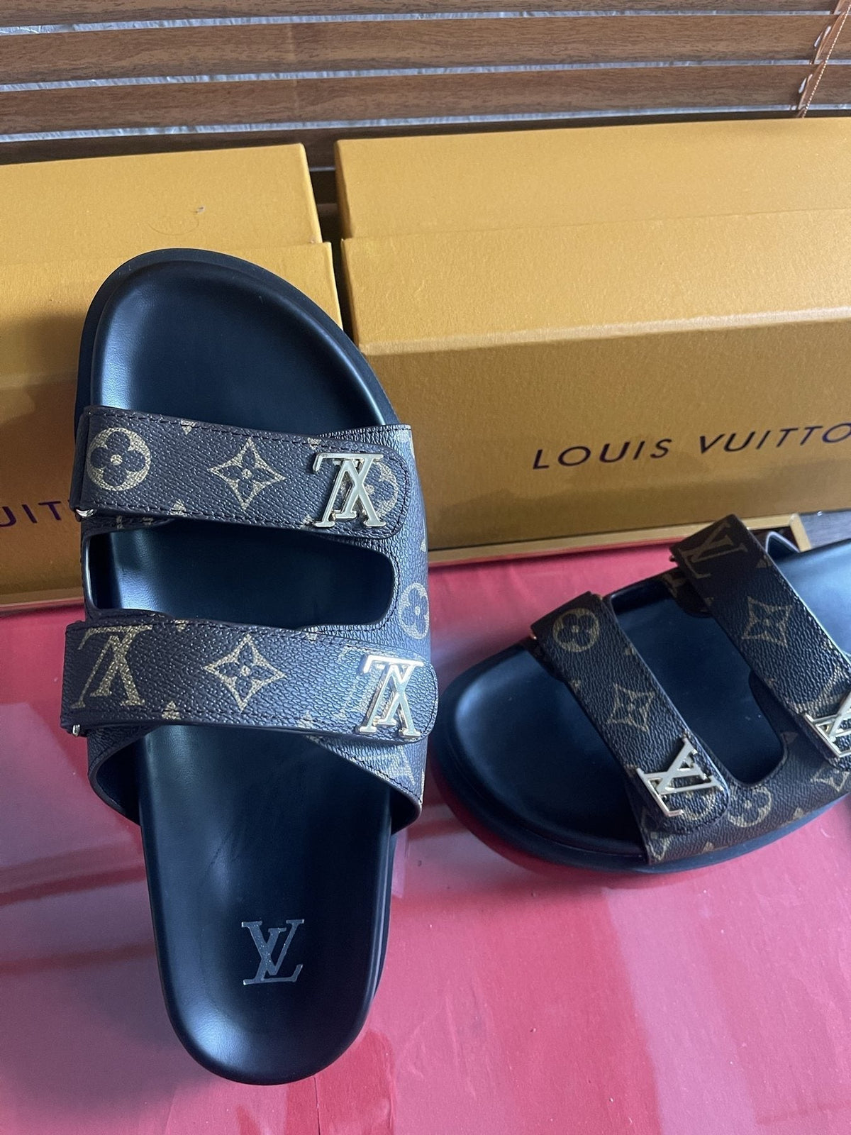 Louis Vuitton Dark Gray Monogram Slide Sandals - Double Monogram-Pattern Straps