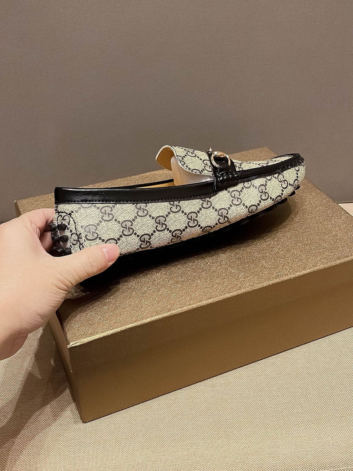 Gucci Beige and Black Gold-Hardware Loafers
