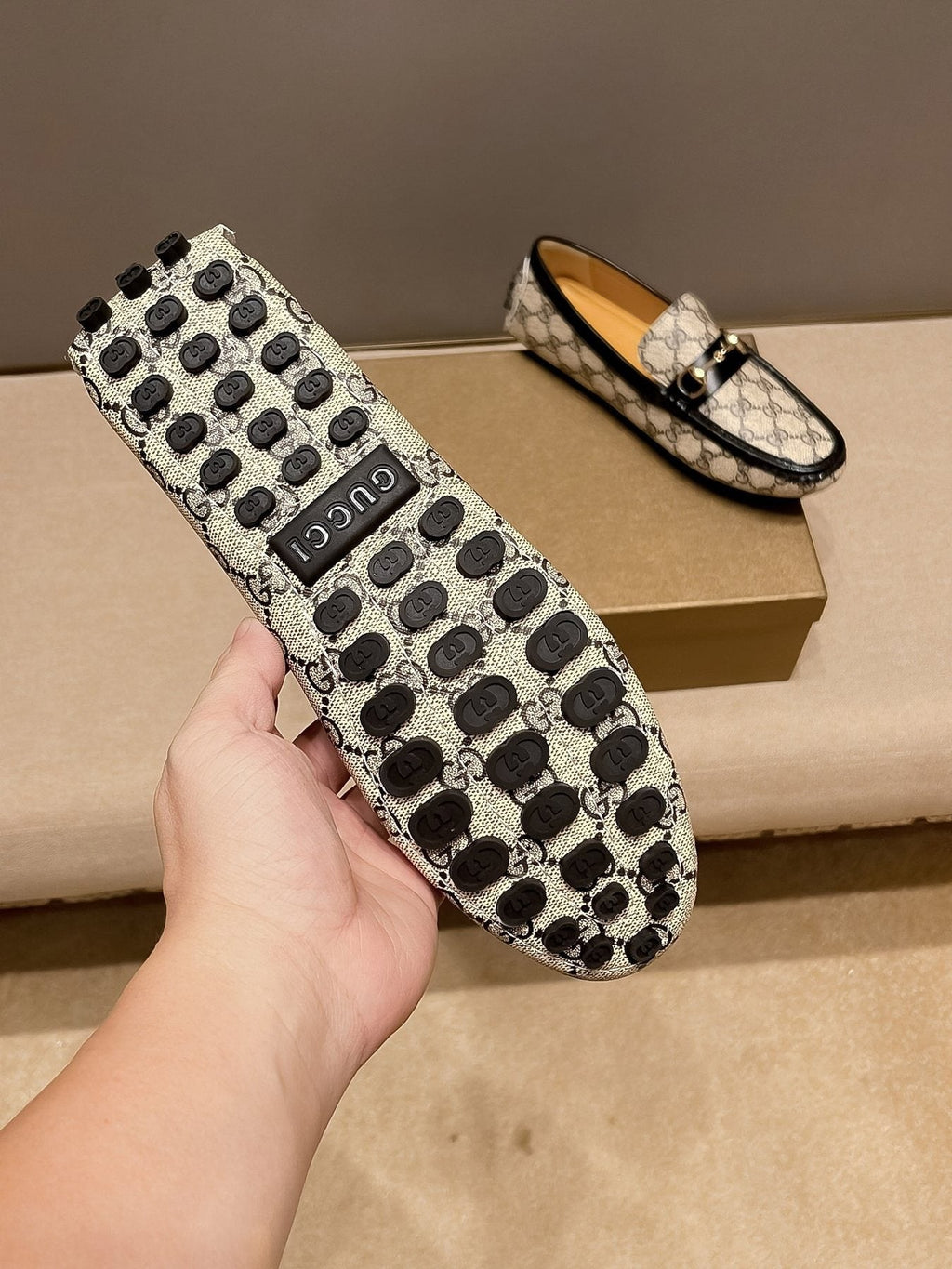 Gucci Beige and Black Gold-Hardware Loafers