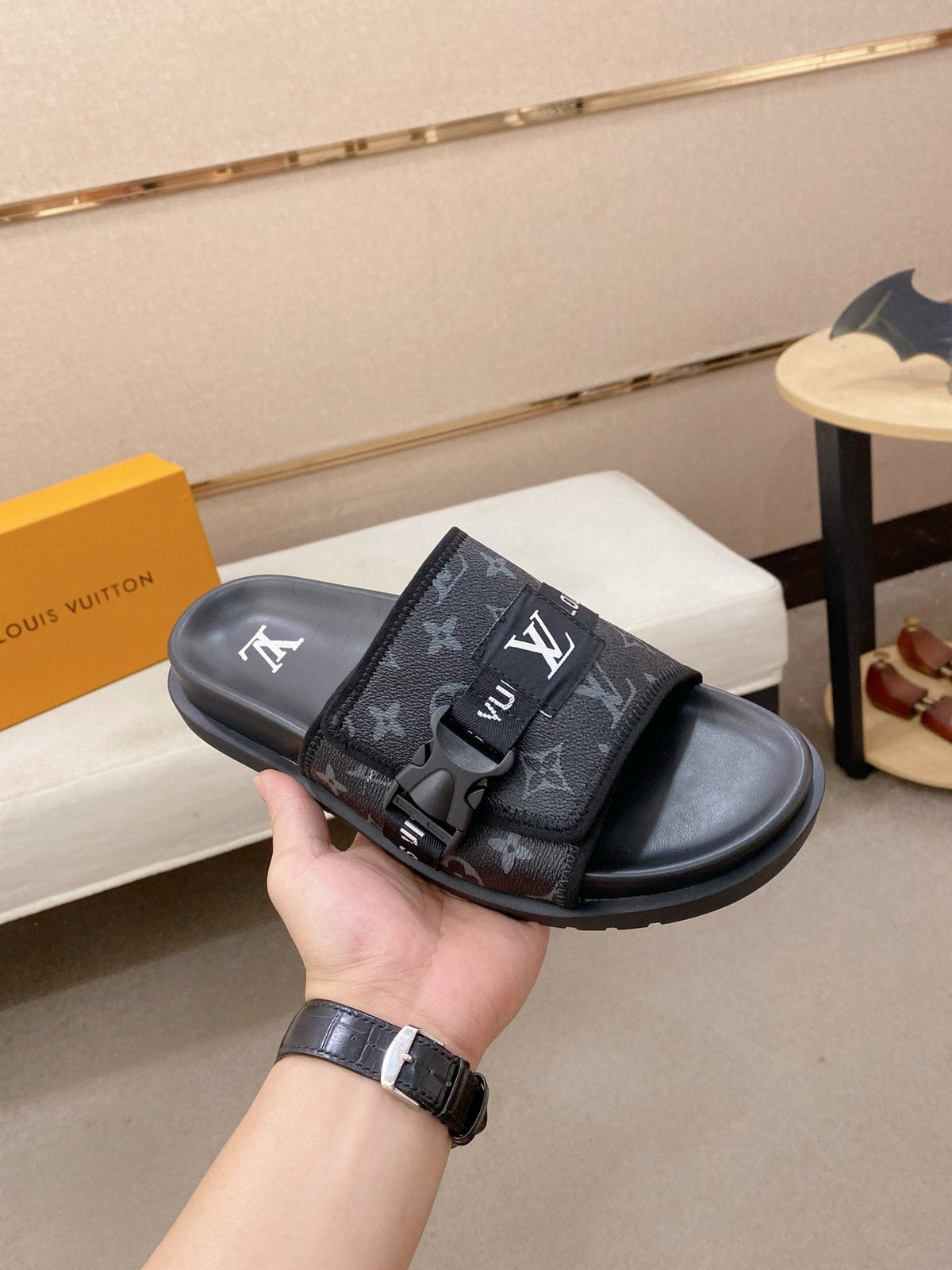 Louis Vuitton Men's Monogram Buckle Slide Sandals